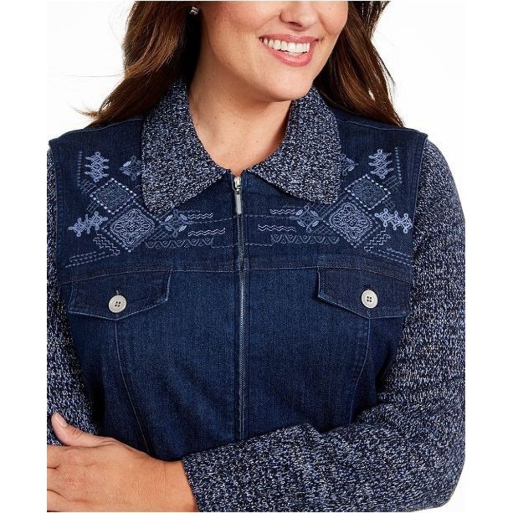 Alfred Dunner Autumn Harvest Denim Jacket Womens Size 22 W Zip Front Embroidered